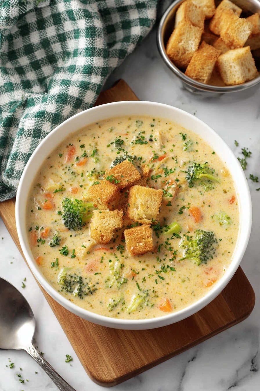 A close-up view of a white bowl filled with creamy soup that has a thick, smooth texture in a light beige color mixed with tiny bits of darker ingredients. On the surface, there are golden brown croutons piled on one side, bright orange shredded cheese scattered mostly on the right, and small green chive pieces sprinkled around. A metal spoon lifts a spoonful of the soup showing small chunks of pale potatoes and some bits of pink bacon inside the creamy broth. The bowl is placed on a white marbled surface. Photo taken with an iphone --ar 2:3 --v 7 - Smoked Gouda Broccoli Soup, cheesy broccoli soup, smoky vegetable soup, creamy broccoli and cheese soup, quick healthy broccoli soup