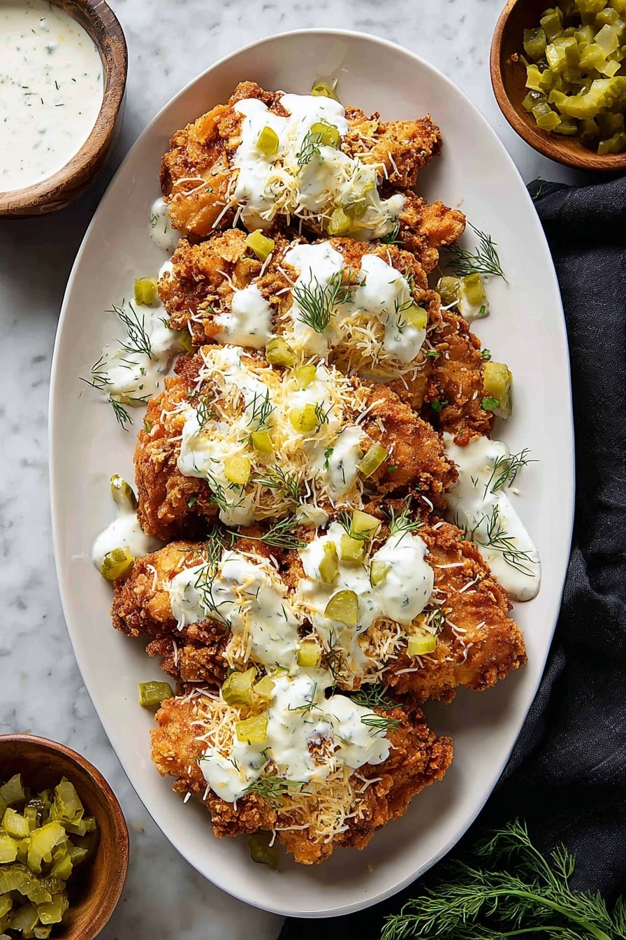The image shows a close-up of three thick chicken pieces with a golden, crispy crumb topping. Each piece has a white inside, showing it is cooked well. The crumb layer on top is textured and browned, with small bits of green herbs and fresh dill sprinkled around. There are small dollops of creamy white sauce on each chicken piece. The chicken is placed on a smooth, round wooden board, with a white marbled surface visible below. In the background, more food is blurred out, giving focus to the chicken in front. photo taken with an iphone --ar 2:3 --v 7 - Dill Pickle Chicken Bake, easy chicken dinner, tangy chicken skillet, quick weeknight chicken recipe, dill pickle chicken dish