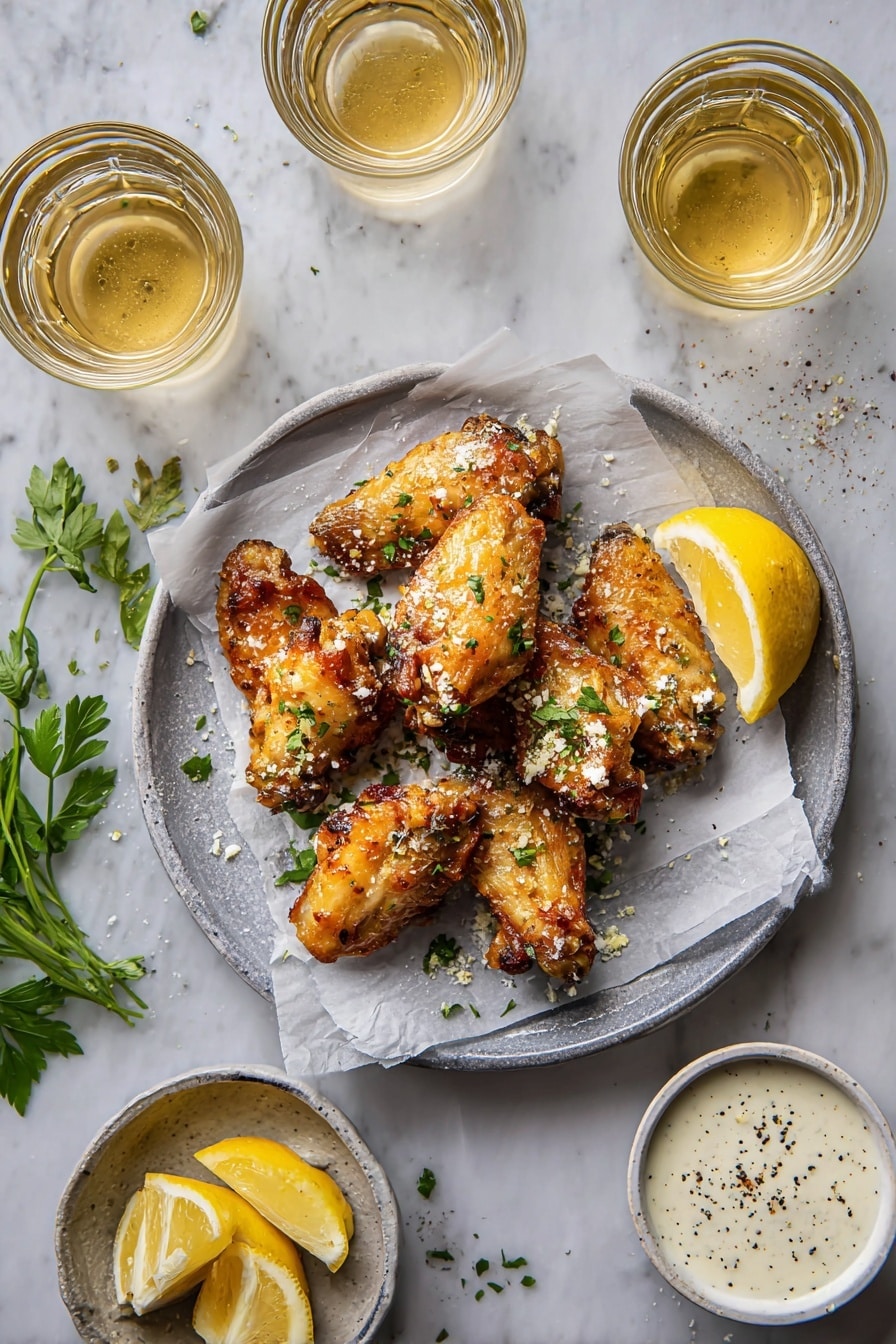 The image shows six golden brown chicken wings arranged on white parchment paper on a white marbled wooden surface. Each wing has a shiny, slightly crispy skin texture with visible charred spots and is sprinkled with small bits of minced garlic and finely chopped fresh green parsley. A few small coarse salt grains and black pepper spots give a rustic look. The wings vary slightly in shape and size, some showing the bone ends. The lighting highlights the glossy texture and contrasts well with the scattered herbs and seasoning around the wings. photo taken with an iphone --ar 2:3 --v 7 - Lemon Garlic Parmesan Chicken Wings, crispy chicken wings with lemon garlic, easy chicken wing recipe, baked chicken wings with Parmesan, flavorful wings for game day