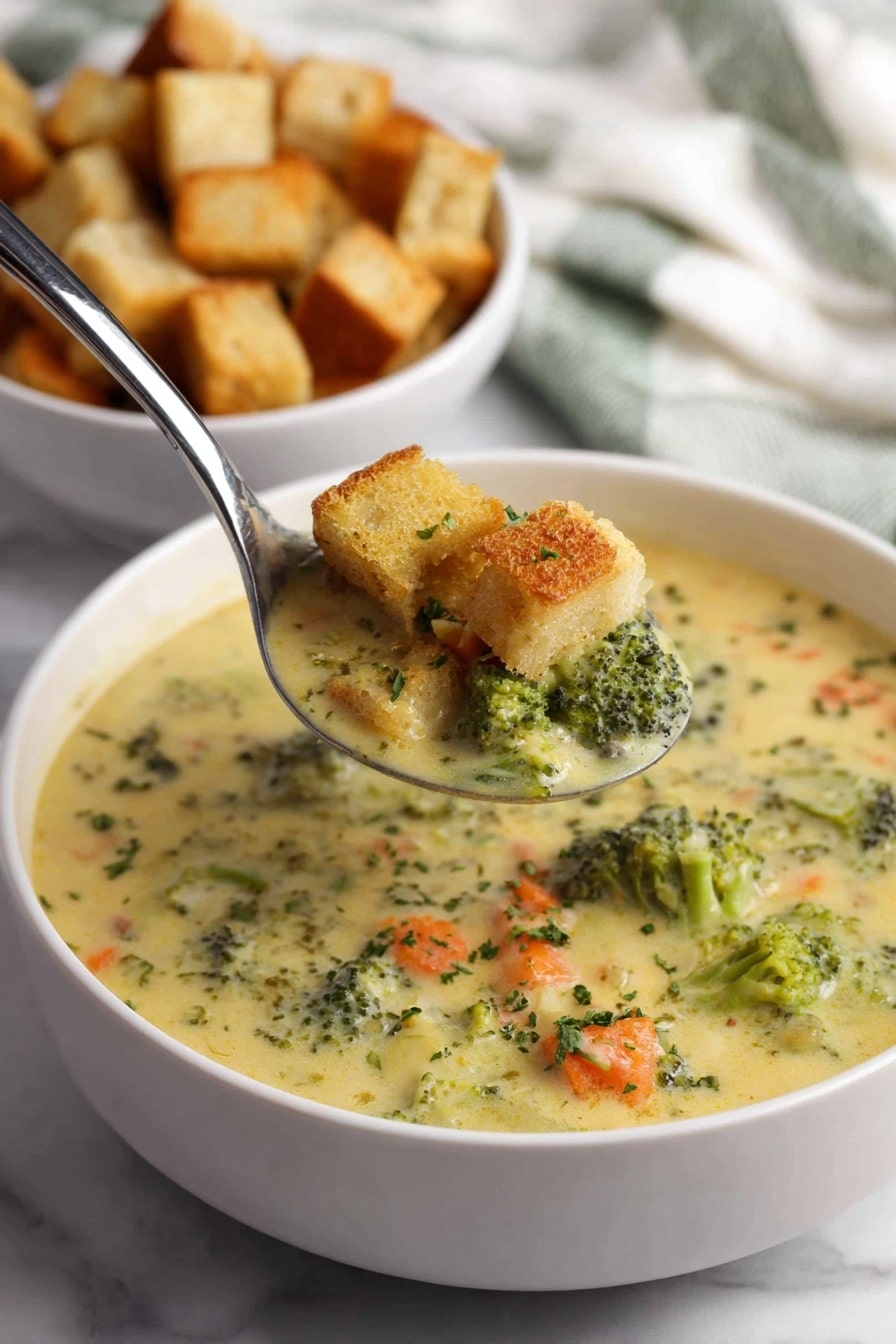 A white bowl filled with creamy broccoli soup, showing a mix of green broccoli pieces and small bits of orange carrot in a thick pale yellow broth. On top, there is a layer of golden brown croutons sprinkled with green herbs. A silver spoon is scooping some soup, displaying more broccoli and carrots in the creamy liquid. Behind the bowl, there is a smaller white bowl filled with more golden croutons, all set on a white marbled surface with a soft white cloth with green lines in the background. Photo taken with an iphone --ar 2:3 --v 7 - Smoked Gouda Broccoli Soup, cheesy broccoli soup, smoky vegetable soup, creamy broccoli and cheese soup, quick healthy broccoli soup