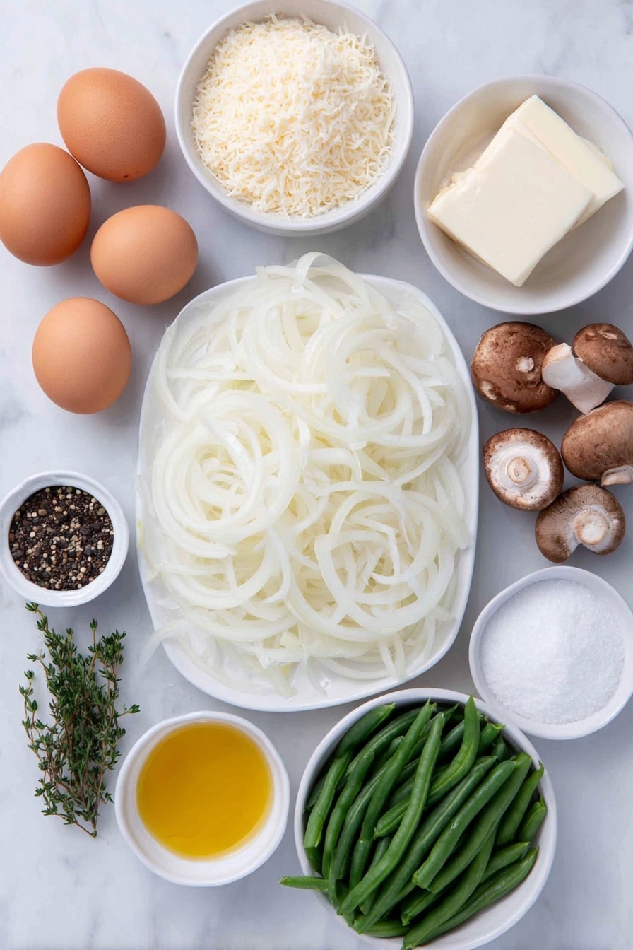 Flat lay of thinly sliced large yellow onions spread on a simple white ceramic plate, a small white bowl of golden olive oil, a small white bowl filled with pale all-purpose flour, a small white bowl with light tan panko bread crumbs, a small white bowl holding freshly grated parmesan cheese, a small white bowl of fine off-white garlic powder, whole clean yellow eggs with smooth shells, bright fresh green beans trimmed and halved showcased on a simple white ceramic dish, a small white bowl of unsalted butter cubes, a small white bowl containing finely minced fresh garlic, small diced fresh brown mushrooms on a white ceramic plate, a small white bowl with creamy half and half, a small white bowl of golden chicken broth, a few fresh green thyme sprigs neatly arranged on white ceramic, a small white bowl of coarse sea salt crystals, a small white bowl of cracked black peppercorns, a small white bowl of pale onion powder placed symmetrically around all ingredients, all arranged in perfect balance and symmetry, placed on a clean white marble surface, soft natural light, photo taken with an iPhone, professional food photography style, fresh ingredients, white ceramic bowls, no bottles, no duplicates, no utensils, no packaging --ar 2:3 --v 7 --p m7354615311229779997 - Healthy Green Bean Casserole with Crispy Onions, green bean casserole healthy, homemade green bean casserole, healthy holiday casserole, crispy onion topping recipe