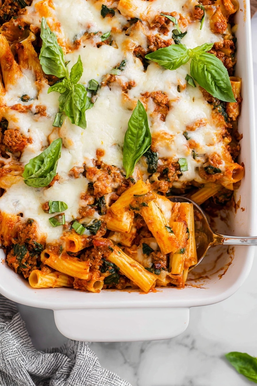 The image shows a white rectangular baking dish filled with a baked pasta dish consisting of rigatoni pasta mixed with a tomato-based meat sauce and wilted green spinach leaves. The top layer is covered with melted white cheese that has some golden brown spots, indicating it was baked. Bright green fresh basil leaves are scattered on top for garnish. A metal spoon is partially submerged on the upper right side of the dish, scooping some pasta. The dish is set on a white marbled surface with a gray and white striped cloth napkin nearby. Photo taken with an iphone --ar 2:3 --v 7 - Healthy Baked Ziti with Turkey and Veggies, healthy baked ziti, turkey pasta bake, nutritious baked ziti, veggie-loaded pasta casserole, easy healthy pasta dish