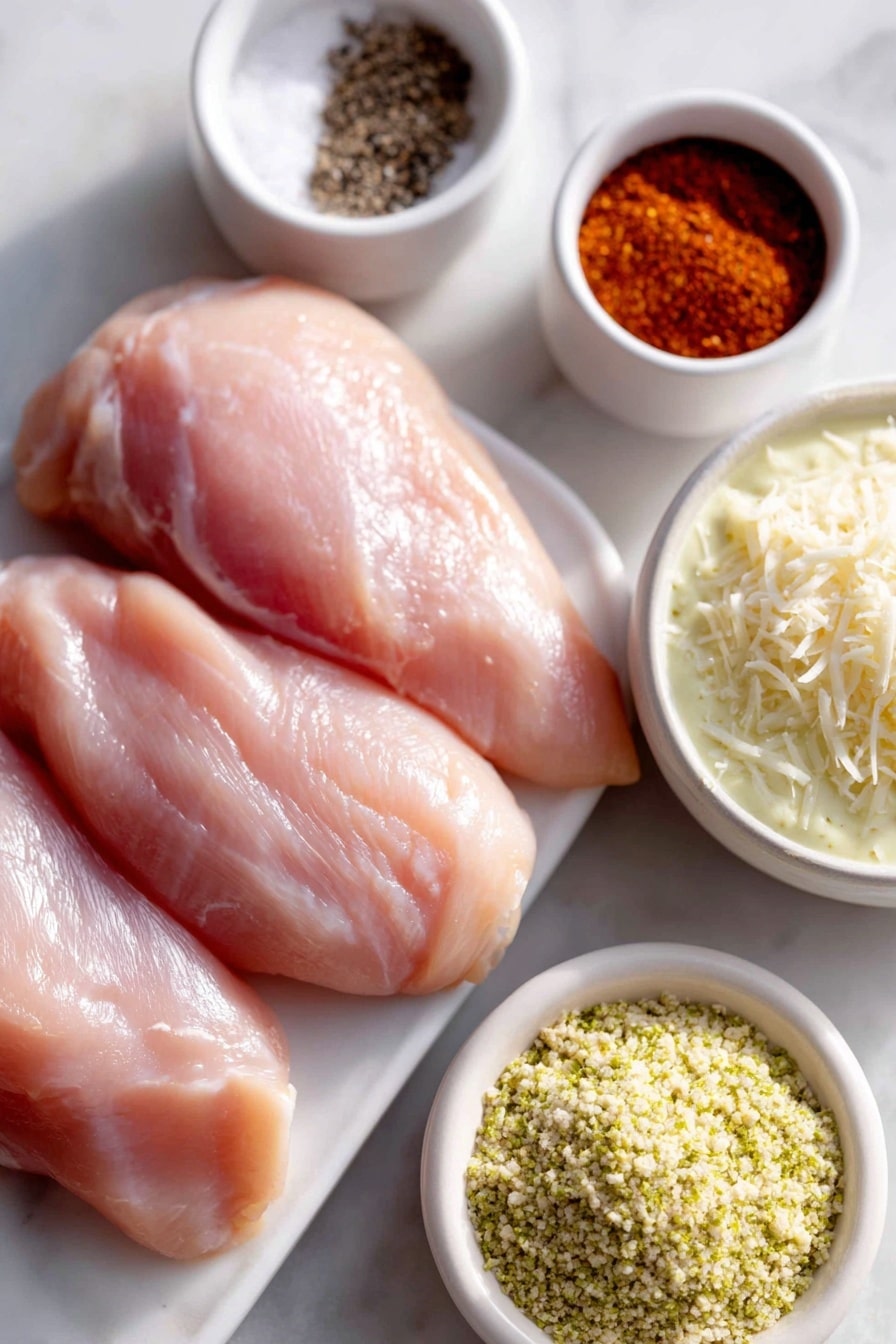 Flat lay of three boneless skinless chicken breasts, a small white ceramic bowl of kosher salt, a small white ceramic bowl of black pepper, a small white ceramic bowl of garlic powder, a small white ceramic bowl of onion powder, a small white ceramic bowl of paprika, a small white ceramic bowl filled with creamy dill pickle ranch dressing, a small white ceramic bowl with grated Parmesan cheese, a small white ceramic bowl with plain breadcrumbs, and a small bunch of fresh dill sprigs, all arranged with perfect symmetry, placed on a clean white marble surface, soft natural light, photo taken with an iPhone, professional food photography style, fresh ingredients, white ceramic bowls, no bottles, no duplicates, no utensils, no packaging --ar 2:3 --v 7 --p m7354615311229779997 - Dill Pickle Chicken Bake, easy chicken dinner, tangy chicken skillet, quick weeknight chicken recipe, dill pickle chicken dish