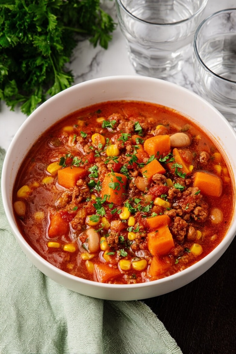 A white bowl filled with a thick stew containing multiple layers of orange chunks of carrot, yellow corn kernels, small beige beans, and pieces of browned ground meat all mixed in a rich, red tomato-based broth. The dish is sprinkled with finely chopped green herbs on top. The bowl sits on a white marbled surface with a light green cloth partially under it. In the background, two clear glasses of water and a bunch of green leafy parsley are visible. photo taken with an iphone --ar 2:3 --v 7 - Slow Cooker Beef and Bean Soup, hearty beef and bean soup, easy beef bean soup recipe, family-friendly slow cooker soup, comforting beef and bean meal