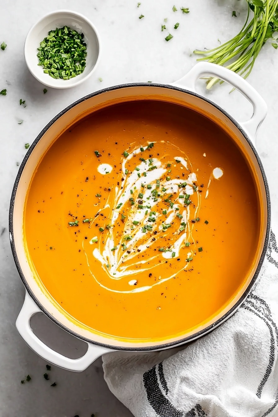 A close-up shows a thick orange soup in a white pot with a dark rim, with a white ladle with a brown handle scooping the soup. The soup has creamy white swirls and small green chive pieces sprinkled on top, with tiny black pepper flakes scattered over the surface. In the background, a small white bowl holds finely chopped green herbs, all placed on a white marbled textured surface. Photo taken with an iphone --ar 2:3 --v 7 - Vegan Ginger Sweet Potato Soup, healthy vegan sweet potato soup, flavorful ginger sweet potato soup, dairy-free sweet potato soup, comforting vegan soup