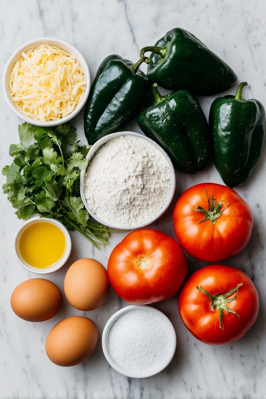 Flat lay of six large fresh poblano peppers with glossy dark green skin, a small pile of long strips of creamy white Monterey Jack cheese, three whole uncracked large brown eggs, a small white ceramic bowl filled with fine white all-purpose flour, a few sprigs of bright green fresh cilantro, six ripe red roma tomatoes quartered, half a small crisp yellow onion halved, three whole peeled garlic cloves, one fresh green jalapeño pepper without seeds and stem, a small white ceramic bowl of golden olive oil, a small white ceramic bowl of fine kosher salt, and a small white ceramic bowl of fine white table salt, all arranged with perfect symmetry on a clean white marble surface, soft natural light, photo taken with an iPhone, professional food photography style, fresh ingredients, white ceramic bowls, no bottles, no duplicates, no utensils, no packaging --ar 2:3 --v 7 --p m7354615311229779997 - Crispy Chile Relleno with Spicy Salsa, Chile Relleno, Roasted Poblano Recipes, Spicy Salsa Roja, Stuffed Poblano Pepper Dish