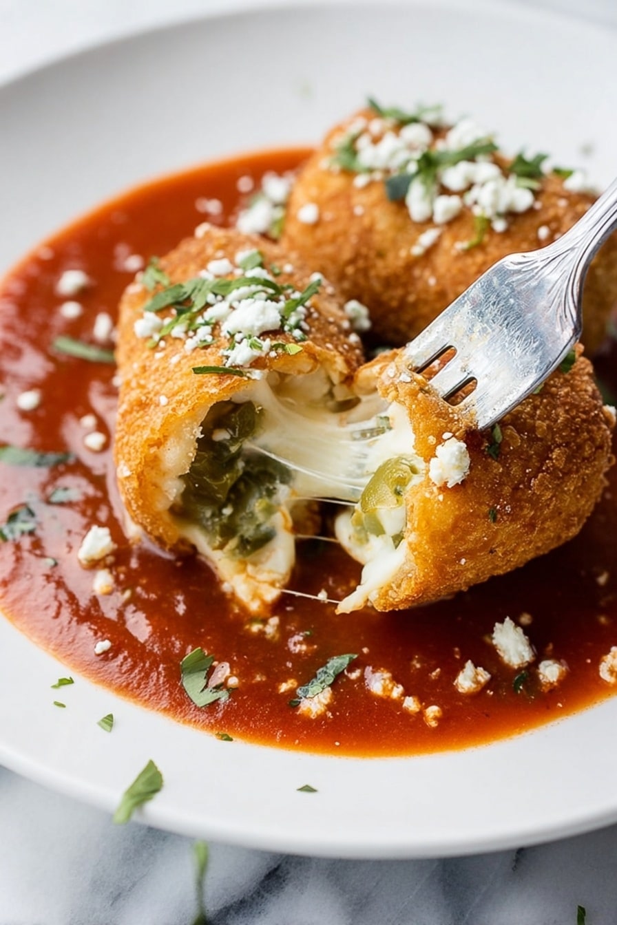 A white plate sits on a white marbled surface, holding a close-up view of a folded quesadilla with two visible layers: a golden, crispy tortilla on top and melted white cheese underneath, along with a green spinach layer. The quesadilla rests on a thick layer of red tomato sauce which looks chunky, spread in a roughly round shape on the plate. Crumbled white cheese and small green herb pieces are sprinkled on top of the quesadilla and sauce, adding texture and color contrast. The photo taken with an iphone --ar 2:3 --v 7 - Crispy Chile Relleno with Spicy Salsa, Chile Relleno, Roasted Poblano Recipes, Spicy Salsa Roja, Stuffed Poblano Pepper Dish