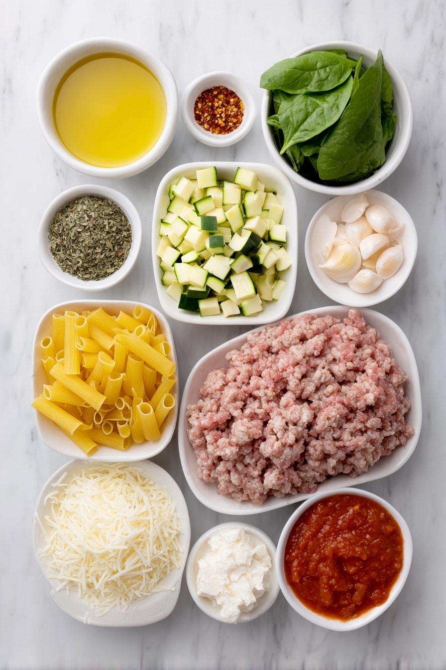 Flat lay of ziti pasta uncooked in a neat pile, a small white bowl of golden olive oil, a small mound of raw ground turkey sausage, half a yellow onion cut into small dice, chopped medium zucchini chunks, sliced petite baby bella mushrooms arranged in a pile, three whole garlic cloves unpeeled, a small white bowl with mixed Italian seasoning herbs, a small white bowl of bright red crushed red pepper flakes, a small white bowl of coarse salt, a small white bowl of whole black peppercorns, a small white bowl filled with vibrant red marinara sauce, a small white bowl filled with creamy pinkish vodka sauce, fresh baby spinach leaves loosely gathered, a small white bowl heaped with white cottage cheese, a small white bowl of finely grated parmesan cheese, a small white bowl of shredded mozzarella cheese, and a few fresh basil sprigs arranged symmetrically, all placed on a clean white marble surface, soft natural light, photo taken with an iPhone, professional food photography style, fresh ingredients, white ceramic bowls, no bottles, no duplicates, no utensils, no packaging --ar 2:3 --v 7 --p m7354615311229779997 - Healthy Baked Ziti with Turkey and Veggies, healthy baked ziti, turkey pasta bake, nutritious baked ziti, veggie-loaded pasta casserole, easy healthy pasta dish