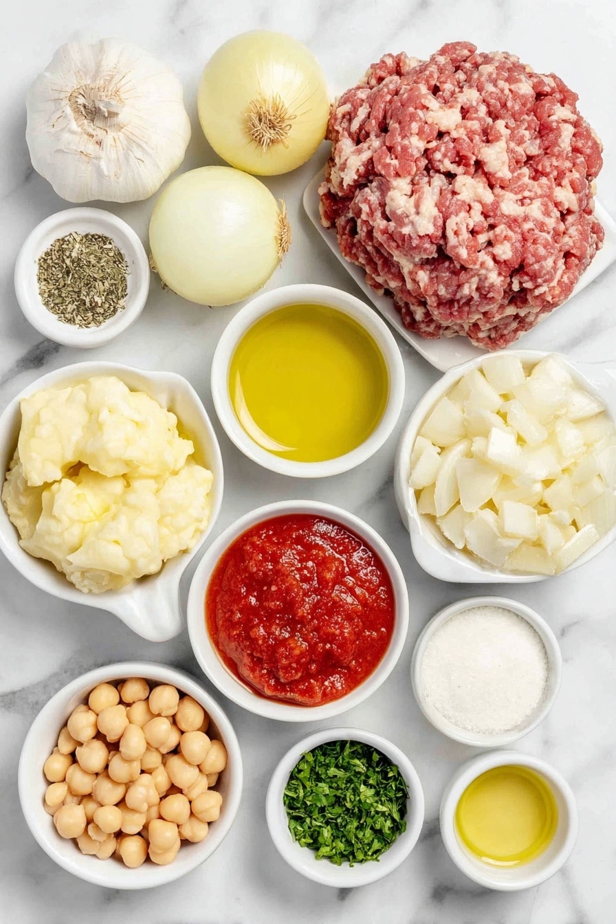 Flat lay of a small white ceramic bowl of golden olive oil, four whole uncracked garlic cloves with papery skins, a whole fresh yellow onion with papery skin, a mound of raw ground beef, a small white ceramic bowl of dried oregano leaves, a small white ceramic bowl of bright red tomato paste, a white ceramic plate with fresh eggplant cubes showing deep purple skin and creamy white flesh, a small white ceramic bowl of deep red dry red wine, a simple white ceramic bowl with uncooked fluffy basmati rice grains, a white ceramic plate with light beige cooked chickpeas, a small white ceramic bowl of crushed bright red tomatoes, a small white ceramic bowl of clear chicken broth, a small white ceramic bowl of coarse kosher salt, a small white ceramic bowl of cracked black peppercorns, and a small white ceramic bowl with finely chopped fresh green parsley, all arranged with balanced symmetry and realistic proportions placed on a clean white marble surface, soft natural light, photo taken with an iPhone, professional food photography style, fresh ingredients, white ceramic bowls, no bottles, no duplicates, no utensils, no packaging --ar 2:3 --v 7 --p m7354615311229779997 - Beef Eggplant Rice Pilaf, one-pot beef and eggplant dish, easy rice pilaf recipes, hearty vegetable beef meal, flavorful rice and beef dish