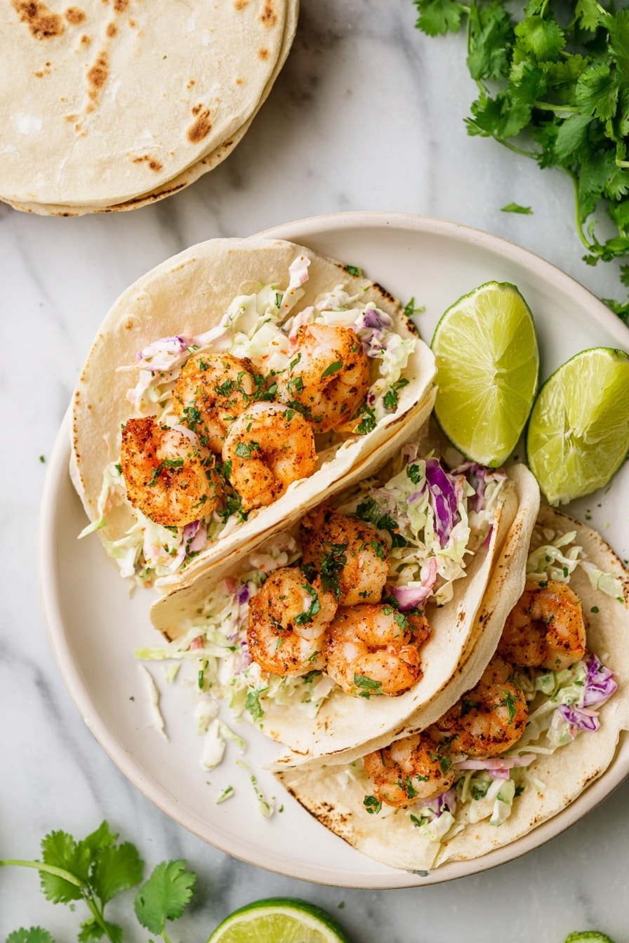 Three soft white tortillas stand upright on a wooden board, each filled with three layers: a bottom layer of creamy coleslaw with hints of purple and green, a middle layer of golden-orange cooked shrimp, and a top layer of fresh salsa made of chopped red tomatoes, green peppers, and herbs. The tacos are garnished with small bits of scattered salsa and a sprig of cilantro in the background. A white bowl of salsa and a lime cut in half sit next to the tacos on a white marbled surface. In the background, there is a white plate with two more tacos and some lime wedges. Photo taken with an iphone --ar 2:3 --v 7 - Cajun Shrimp Tacos with Creamy Slaw, Cajun Shrimp Tacos, spicy shrimp tacos, easy seafood tacos, quick weeknight dinner ideas