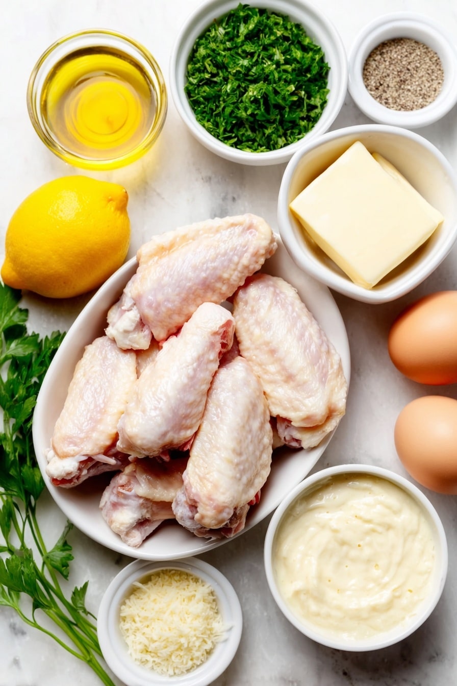 Flat lay of bone-in chicken wings arranged neatly, a small white bowl of golden olive oil, a small white bowl filled with freshly chopped bright green parsley, a few uncracked brown eggs, a small white bowl with minced garlic cloves, a small white bowl containing melted butter glowing softly, a small white bowl of finely grated pale yellow Parmesan cheese, fresh whole lemons with one lemon zest peel resting beside them, a small white bowl of lemon pepper seasoning blend, small white bowls of coarse salt and cracked black peppercorns, and a small white bowl of creamy Caesar dressing spooned smoothly — placed on a clean white marble surface, soft natural light, photo taken with an iPhone, professional food photography style, fresh ingredients, white ceramic bowls, no bottles, no duplicates, no utensils, no packaging --ar 2:3 --v 7 --p m7354615311229779997 - Lemon Garlic Parmesan Chicken Wings, crispy chicken wings with lemon garlic, easy chicken wing recipe, baked chicken wings with Parmesan, flavorful wings for game day