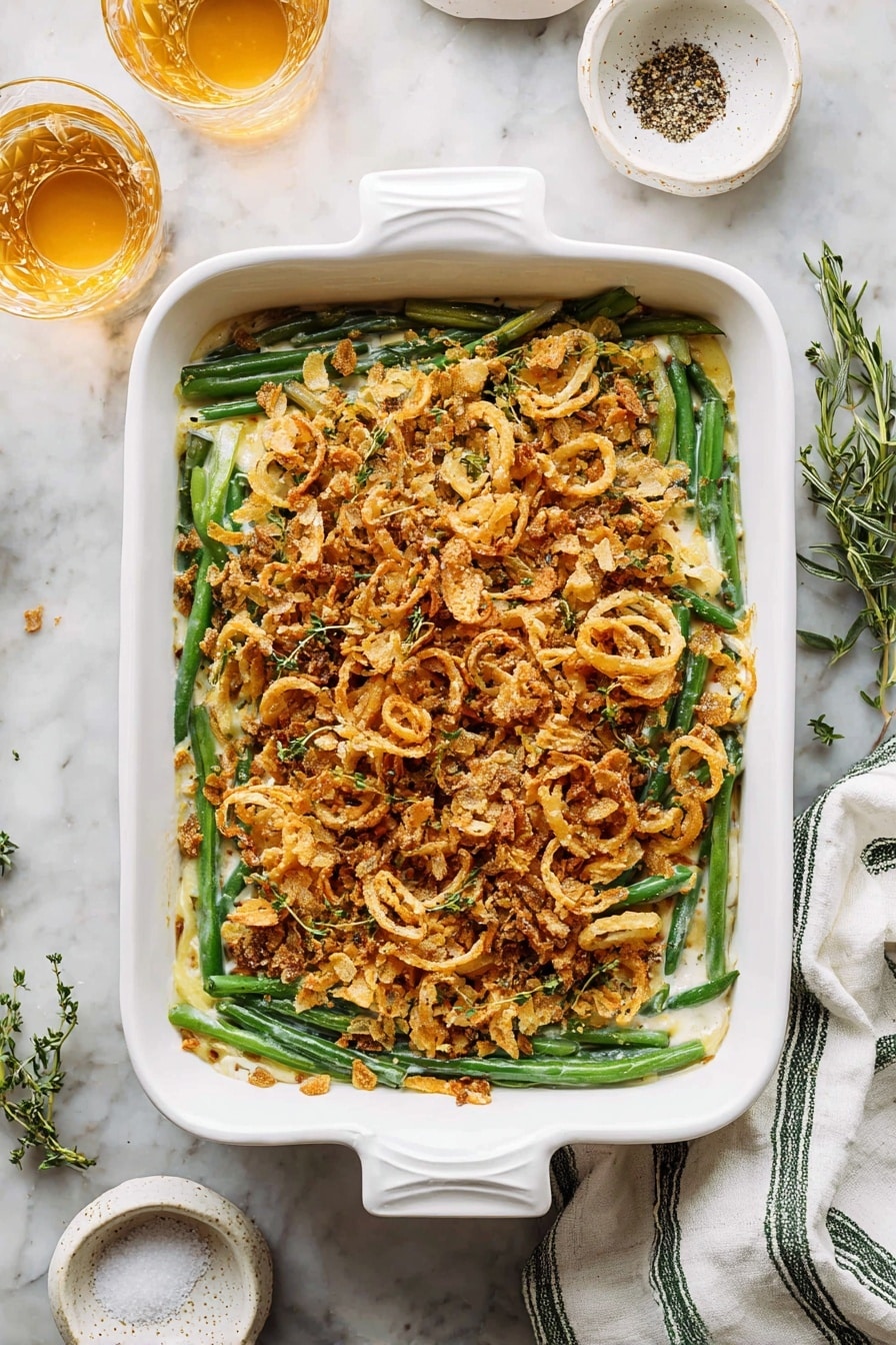 The dish is shown in a white rectangular baking dish filled in layers. The bottom layer consists of bright green beans neatly arranged in parallel lines. On top of the green beans is a light creamy sauce layer, partially visible, covered by a thick topping of golden brown crispy fried onion rings mixed with crunchy breadcrumbs. The topping looks uneven with some darker golden edges, giving a crunchy texture. The baking dish sits on a white marbled surface, with a glass of light amber drink and another glass being poured in the background. Small white bowls with salt and black pepper and some sprigs of herbs are placed nearby, along with a white cloth with gray and green stripes on the right side. photo taken with an iphone --ar 2:3 --v 7 - Healthy Green Bean Casserole with Crispy Onions, green bean casserole healthy, homemade green bean casserole, healthy holiday casserole, crispy onion topping recipe