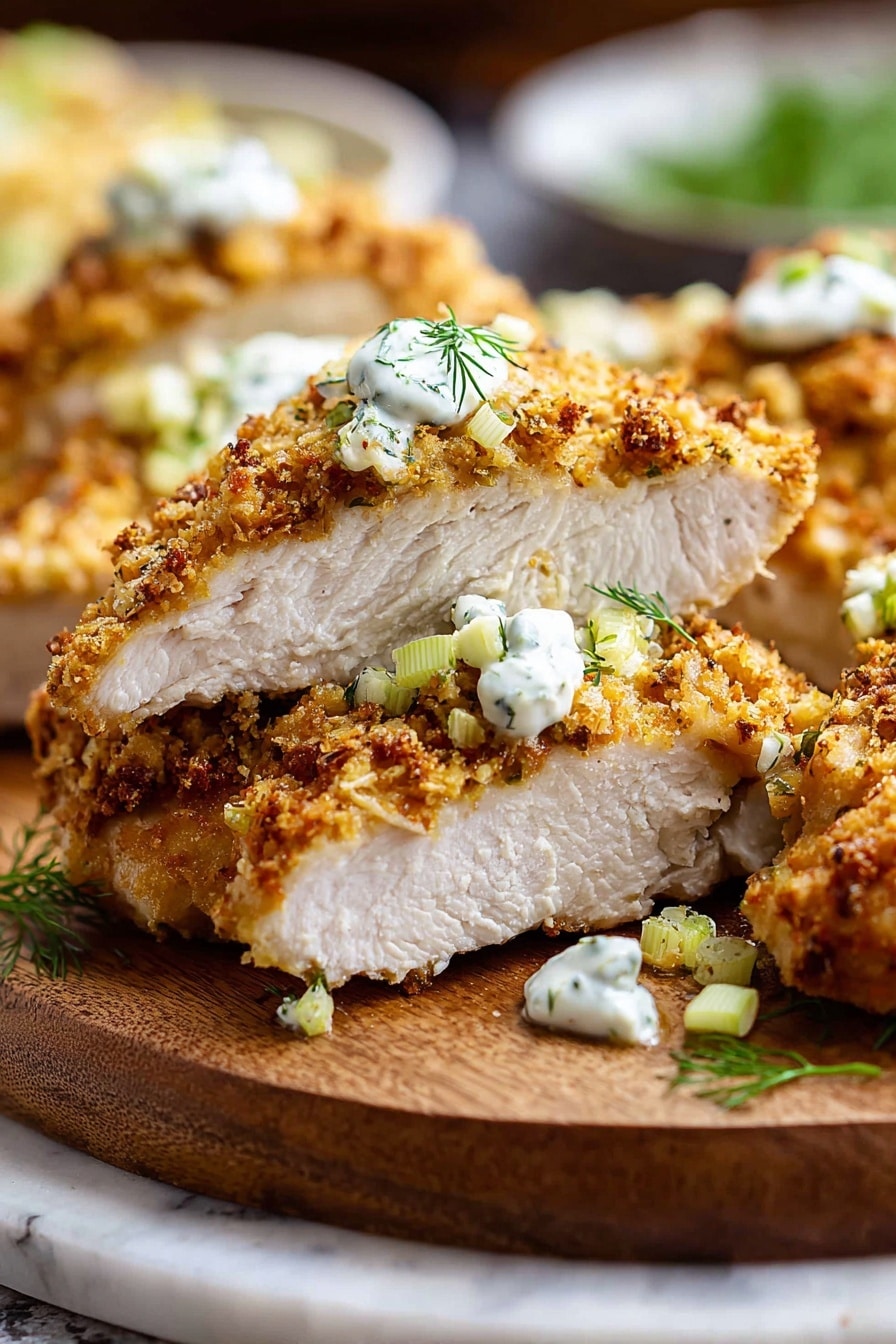 Two pieces of golden brown crispy fried chicken are placed on a round wooden plate. Each chicken piece has a crunchy textured coating with visible small herbs mixed in. White creamy sauce with green herb specks is drizzled unevenly over the chicken. Small chunks of light green pickles are scattered on top of the chicken and around the plate. The plate rests on a white marbled surface with part of a silver fork and knife visible on the right side. Photo taken with an iphone --ar 2:3 --v 7 - Dill Pickle Chicken Bake, easy chicken dinner, tangy chicken skillet, quick weeknight chicken recipe, dill pickle chicken dish