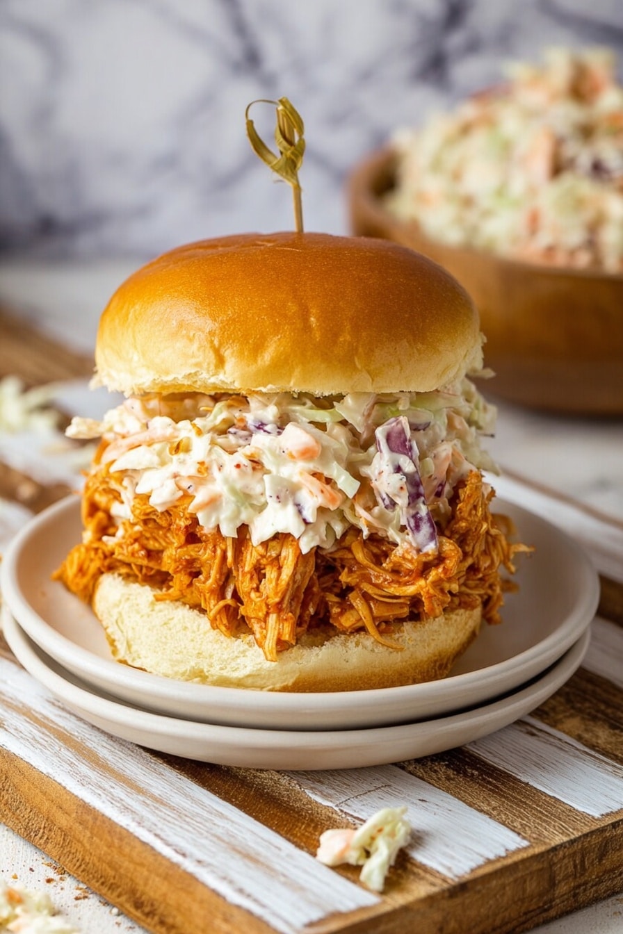 The image shows a sandwich with three clear layers on a small white plate, placed on a wooden board with white patterned lines. The bottom layer is a soft, fluffy sandwich bun with a light beige color. On top of it sits a thick layer of shredded orange chicken, textured and moist. Above the chicken, there is a creamy coleslaw layer made of white dressing mixed with small pieces of shredded carrot and cabbage in pale orange and light purple colors, spilling slightly over the sides. The sandwich is topped with a soft, shiny sandwich bun, golden brown in color, pierced by a small bamboo skewer. Bits of coleslaw are also scattered on the wooden surface near the plate. The background features a white marbled texture. photo taken with an iphone --ar 2:3 --v 7 - Easy Crock Pot Buffalo Chicken, Buffalo Chicken Dinner, Slow Cooker Buffalo Chicken, Spicy Chicken Recipes, Make-Ahead Chicken Dinner