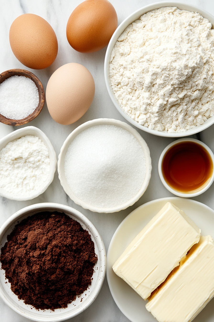Flat lay of a small mound of pale all-purpose flour, a small heap of rich dark cocoa powder, a few white baking soda crystals scattered near a small pile of white baking powder, a small white ceramic bowl with fine granulated sugar, a tiny white ceramic bowl with fine white salt, a small white ceramic bowl filled with creamy buttermilk, a small white ceramic bowl containing golden vegetable oil, two large whole uncracked brown eggs, a small white ceramic bowl holding clear white vinegar, a small white ceramic bowl with amber vanilla extract, a small white ceramic bowl with vibrant red liquid food coloring, a soft block of cream cheese next to a chunk of unsalted butter, a small white ceramic bowl with white powdered sugar placed on a clean white marble surface, soft natural light, photo taken with an iPhone, professional food photography style, fresh ingredients, white ceramic bowls, no bottles, no duplicates, no utensils, no packaging --ar 2:3 --v 7 --p m7354615311229779997 - Heart Shaped Cocoa Cake with Cream Cheese Frosting, chocolate cake, heart-shaped dessert, cocoa cake with cream cheese frosting, romantic birthday cake