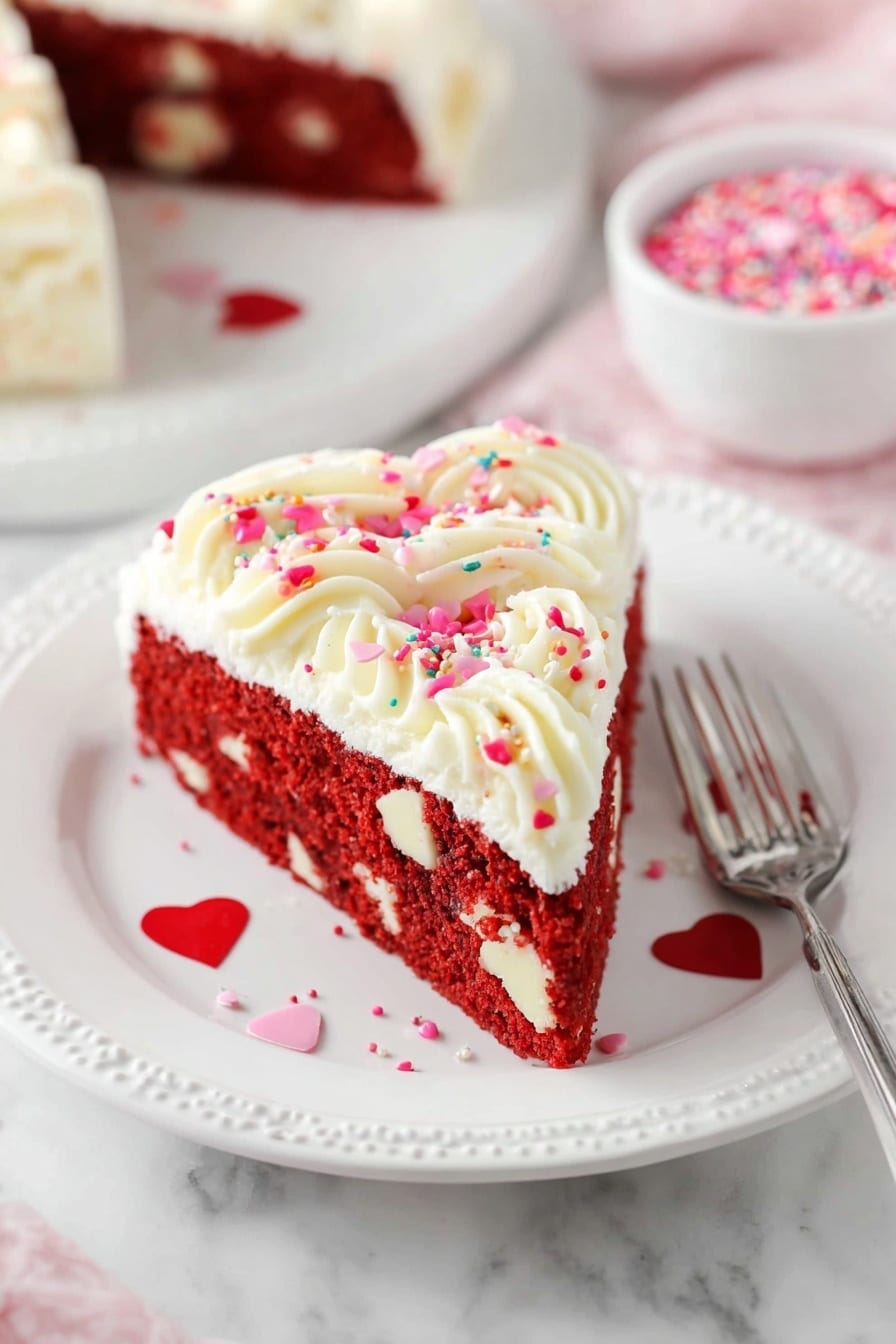 A single slice of red cake filled with white chunks is placed on a white plate with a decorative edge. The cake slice has a thick layer of white cream frosting on top, piped in swirling patterns along one edge, decorated with small red, pink, and white sprinkles, and a red heart-shaped sprinkle visible on the frosting and plate. The cake's red surface and white chunks create a spotted look. A silver fork is on the right side of the plate. In the background, more cake and a bowl with additional sprinkles sit on a white marbled surface. photo taken with an iphone --ar 2:3 --v 7 - Red Velvet Cookie Cake with Cream Cheese Frosting, red velvet cookie cake, cookie cake with cream cheese frosting, easy red velvet dessert, festive cookie cake