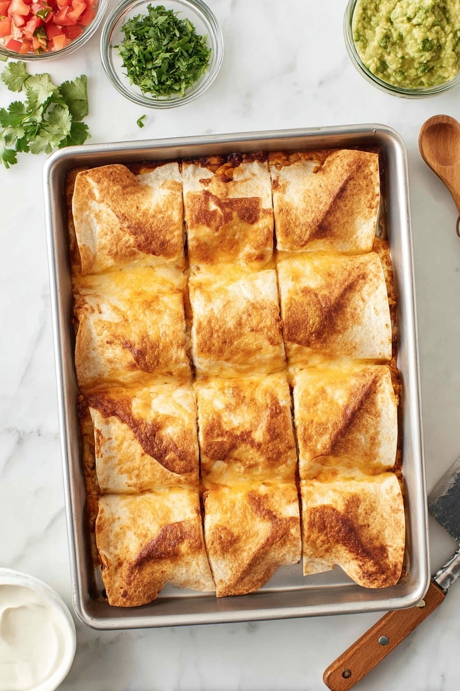 A square piece of golden-brown baked pastry is placed in the center of a white plate on a white marbled surface. The pastry's top layer is crispy with a slightly browned texture. On top of the pastry is a dollop of white sour cream, topped with red and green salsa and some finely chopped cilantro. Around the plate, a few small pieces of chopped cilantro are scattered. To the upper right, a metal baking tray with more pieces of the same golden-brown baked pastry, some cut into squares, rests on the white marbled surface. To the upper left, a glass bowl filled with chunky salsa with red, yellow, and green colors and a wooden spoon is visible. At the bottom right, a small bunch of fresh cilantro leaves rests on the white marbled surface. Photo taken with an iphone --ar 2:3 --v 7 - Beef and Bean Sheet Pan Quesadilla, easy beef quesadilla, crowd-pleasing sheet pan dinner, cheesy beef quesadilla, quick sheet pan recipes
