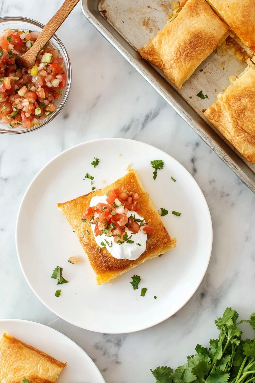 A piece of golden brown baked quesadilla with crispy, lightly browned tortilla layers on top and melted yellow cheese mixed with cooked onions peeking out from the sides, placed in the center of a stack of three white plates on a white marbled surface. On top of the quesadilla are three dollops: a base layer of smooth white sour cream, a middle scoop of bright green chunky guacamole, and a small heap of finely chopped red and green salsa, all sprinkled with fresh chopped green cilantro leaves. In the background, there is a white baking pan with more quesadilla pieces, a clear glass bowl of red salsa with a wooden spoon, and a clear glass bowl of chopped green herbs, with a white cloth with blue stripes beside the pan. The scene is softly lit with natural light, showing textures clearly. photo taken with an iphone --ar 2:3 --v 7 - Beef and Bean Sheet Pan Quesadilla, easy beef quesadilla, crowd-pleasing sheet pan dinner, cheesy beef quesadilla, quick sheet pan recipes