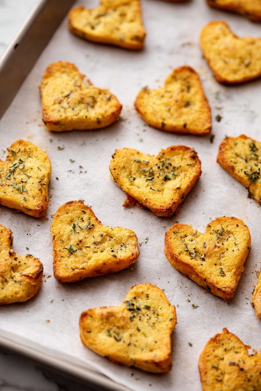 Small heart-shaped baked snacks are spread out on a baking tray lined with parchment paper. Each snack has a golden-yellow color with crisp, browned edges and is sprinkled with bits of green herbs and black pepper. The snacks have a slightly rough, crunchy surface texture, showing that they are cooked well. The tray is placed on a white marbled surface with soft light gently highlighting the warm tones of the snacks. photo taken with an iphone --ar 2:3 --v 7 - Heart-Shaped Roasted Herb Potatoes, heart-shaped roasted potatoes, roasted herb potato side dish, cute potato recipes, holiday potato ideas