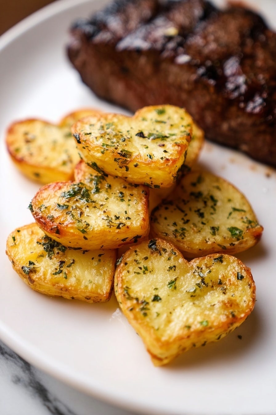 The image shows a white plate with a small stack of golden brown roasted potato slices shaped like hearts, sprinkled with green herbs and black pepper. Behind the potatoes is a piece of dark brown grilled meat with a slightly charred crust. The background is a white marbled texture. photo taken with an iphone --ar 2:3 --v 7 - Heart-Shaped Roasted Herb Potatoes, heart-shaped roasted potatoes, roasted herb potato side dish, cute potato recipes, holiday potato ideas