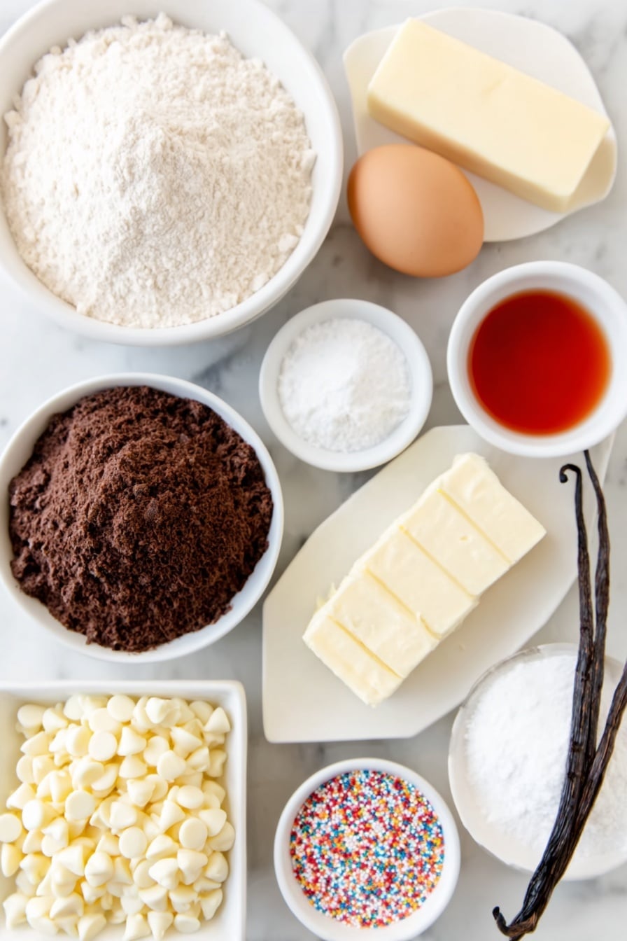 Flat lay of a small mound of all-purpose flour, a heap of cocoa powder, a small pile of white sugar granules, a stick of unsalted butter at room temperature, one large whole brown egg, a few sprigs of vanilla bean pod beside a small white ceramic bowl of white vinegar, a small white ceramic bowl filled with vibrant red food coloring, a small white ceramic bowl with white chocolate chips, a small block of cream cheese, a few tablespoons of butter softened, a small white ceramic bowl filled with powdered sugar, and a small white ceramic bowl holding colorful sprinkles, all arranged symmetrically on simple white ceramic plates and bowls placed on a clean white marble surface, soft natural light, photo taken with an iPhone, professional food photography style, fresh ingredients, white ceramic bowls, no bottles, no duplicates, no utensils, no packaging --ar 2:3 --v 7 --p m7354615311229779997 - Red Velvet Cookie Cake with Cream Cheese Frosting, red velvet cookie cake, cookie cake with cream cheese frosting, easy red velvet dessert, festive cookie cake