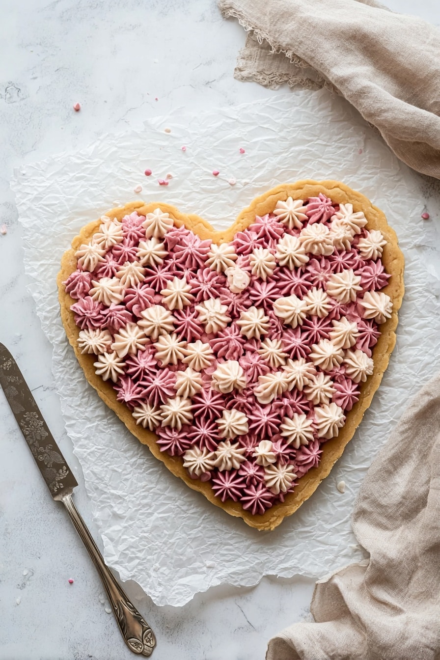 A round tart with a thick, golden crust forms the base, topped with a smooth, deep red filling spread evenly. On top, there are two colors of piped cream dollops: a bright pink and a light beige, arranged closely together in small, pointed swirls covering the entire surface. A single slice of the tart is being lifted with a metal spatula, showing the crust's thickness and the layers clearly. The tart sits on white parchment paper on a white marbled surface, with a soft, out-of-focus white tiled background and some stacked white plates nearby. photo taken with an iphone --ar 2:3 --v 7 - Raspberry Sugar Cookie Cake, raspberry cookie cake, raspberry dessert, sugar cookie cake, raspberry buttercream cake