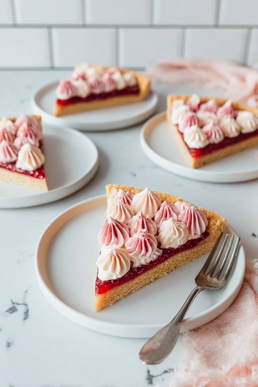 The image shows several slices of a tart on white plates, each slice having three layers. The bottom layer is a light golden, firm crust with a slightly crumbly texture. The middle layer is a thin, deep red jam spread evenly across the crust. The top layer consists of small dollops of pink and light peach cream, arranged closely together along the jam layer, creating a soft, textured look. The slices are placed on a white marbled surface with a light pink soft fabric on the right side and a metallic fork resting on one plate. The background features simple white subway tiles. Photo taken with an iphone --ar 2:3 --v 7 - Raspberry Sugar Cookie Cake, raspberry cookie cake, raspberry dessert, sugar cookie cake, raspberry buttercream cake