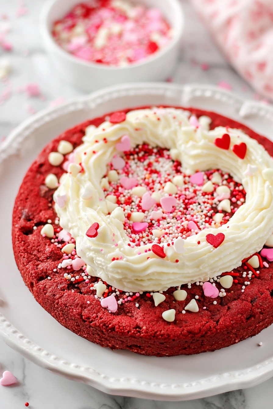 A red cookie with white chocolate chips spread evenly inside and scattered on top sits on a white plate with a decorative edge. The cookie is about one layer thick and has a rich red color with a slightly rough texture. Around the edge, thick white cream frosting is piped in swirls, topped with pink, red, and silver heart-shaped and round sprinkles. A wedge of the cookie is cut and slightly pulled out, showing the inside texture and chips. The plate rests on a white marbled surface with extra sprinkles scattered around. A bowl filled with pink and red sprinkles is blurred in the background. photo taken with an iphone --ar 2:3 --v 7 - Red Velvet Cookie Cake with Cream Cheese Frosting, red velvet cookie cake, cookie cake with cream cheese frosting, easy red velvet dessert, festive cookie cake