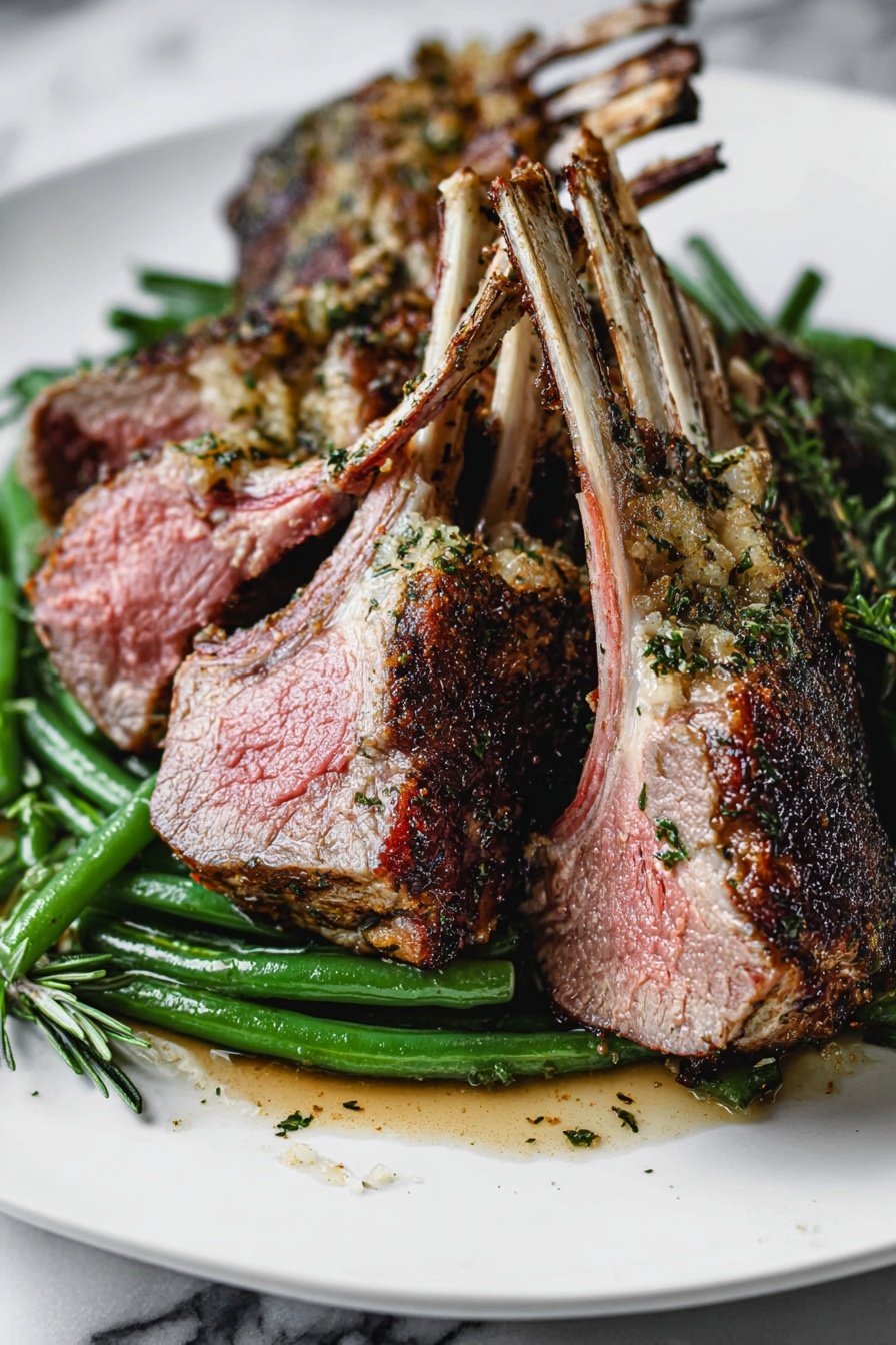 Two pieces of meat with ribs, each covered with a browned and slightly crispy herb crust, sit side by side in an old metal roasting tray that has some grease and dark spots from cooking. The meat is a mix of golden brown and darker charred areas, with visible herbs and spices on the crust. The tray rests on a white marbled surface. photo taken with an iphone --ar 2:3 --v 7 - Garlic Rosemary Rack of Lamb, garlic rosemary lamb, roast lamb with garlic and rosemary, easy lamb recipe, flavorful rack of lamb