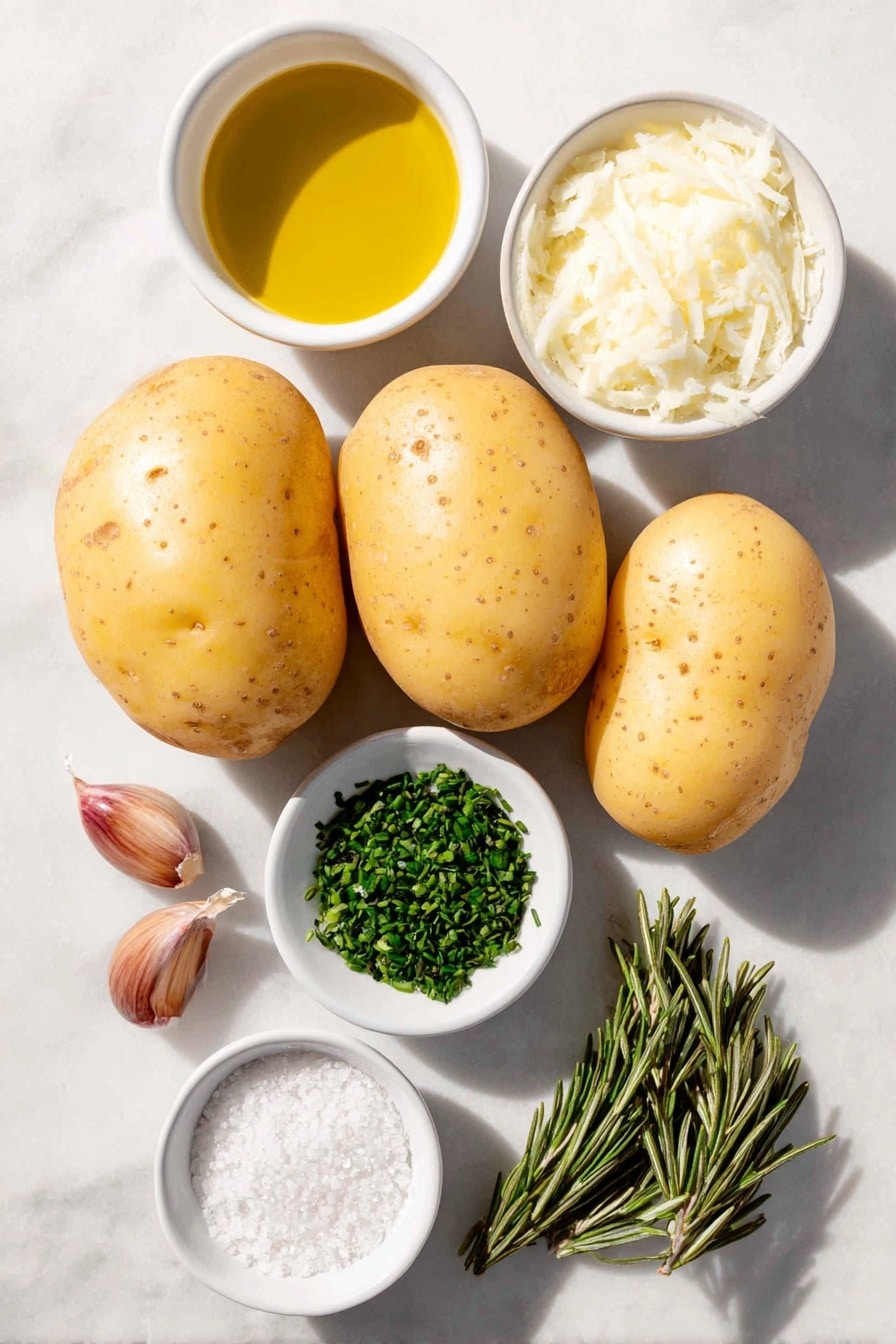 Flat lay of three whole Yukon Gold potatoes with smooth yellow skin, two uncracked brown garlic cloves, a small white ceramic bowl of golden olive oil, a small white bowl with freshly chopped green thyme leaves, a small white bowl holding bright green chopped rosemary, a small white bowl filled with finely chopped fresh chives, a small white bowl of coarse sea salt crystals, and a small white bowl of cracked black peppercorns, all arranged symmetrically and balanced placed on a clean white marble surface, soft natural light, photo taken with an iPhone, professional food photography style, fresh ingredients, white ceramic bowls, no bottles, no duplicates, no utensils, no packaging --ar 2:3 --v 7 --p m7354615311229779997 - Heart-Shaped Roasted Herb Potatoes, heart-shaped roasted potatoes, roasted herb potato side dish, cute potato recipes, holiday potato ideas