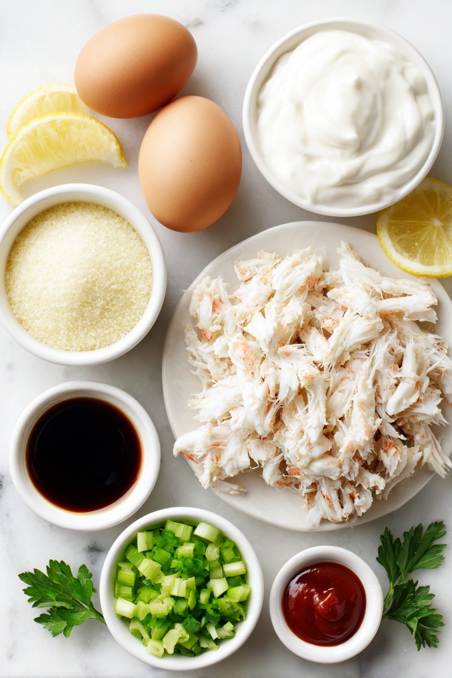Flat lay of two whole brown eggs with clean shells, a small handful of finely chopped green onions, a few diced celery stalk pieces, a sprig of fresh parsley, a small white bowl of plain Greek yogurt, a small white bowl of Dijon mustard, a small white bowl of Worcestershire sauce, a small white bowl of dry breadcrumbs, fresh lump crab meat cluster, a small white bowl of Panko breadcrumbs, a small white bowl of canola oil, a small white bowl of freshly squeezed lemon juice, a small white bowl of hot sauce with a couple of dashes, all ingredients arranged symmetrically on simple white ceramic bowls and plates, placed on a clean white marble surface, soft natural light, photo taken with an iPhone, professional food photography style, fresh ingredients, white ceramic bowls, no bottles, no duplicates, no utensils, no packaging --ar 2:3 --v 7 --p m7354615311229779997 - Easy Homemade Crab Cakes, crab cakes with dipping sauce, crab cake recipe, crispy crab cakes, seafood appetizer recipe